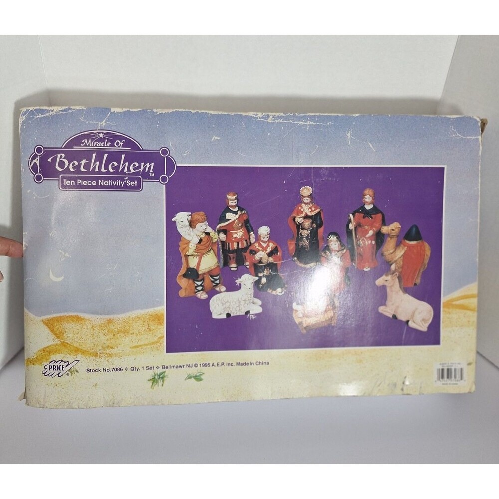 Vintage 1995 10Pc Porcelain Nativity Set  in Box Price Miracle of‎ Bethlehem